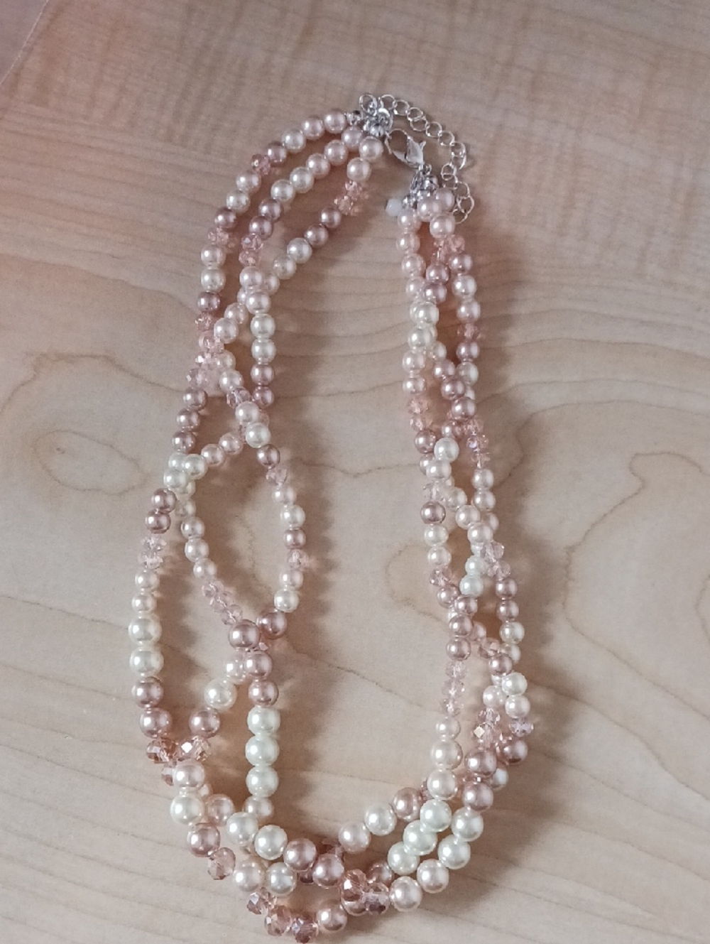 Source Unknown Pink and Cream Multi-Strand Beaded Necklace